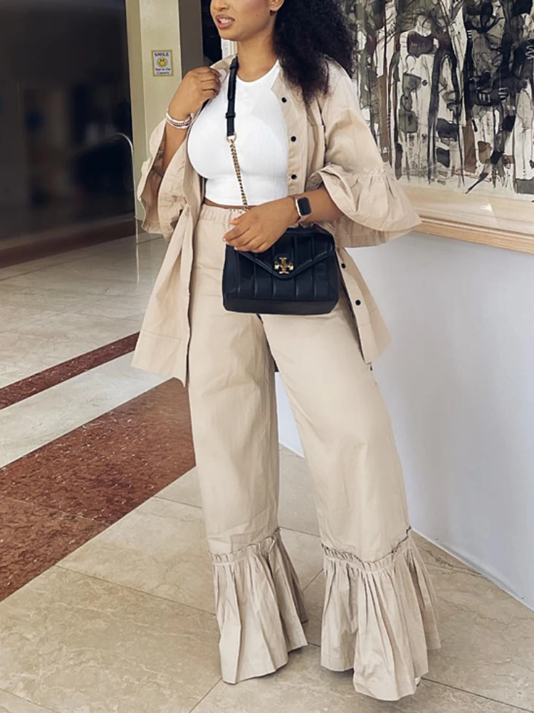 Women Summer 2 Piece Set Causal Outfits 3/4 Ruffles Sleeve Button Up Cardigan  Shirt Flare Pants with Pocket Loose Trousers Suit - AliExpress