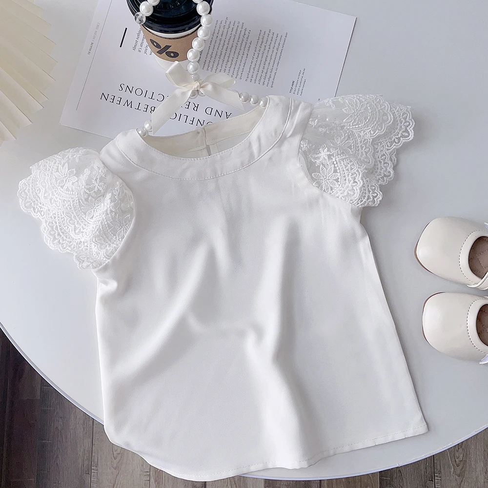

Menoea White Girls Short Sleeve T-Shirt Summer New Kids Lace Sleeve Blouse Children's Clothing School Clothes Tops Kids Clothes