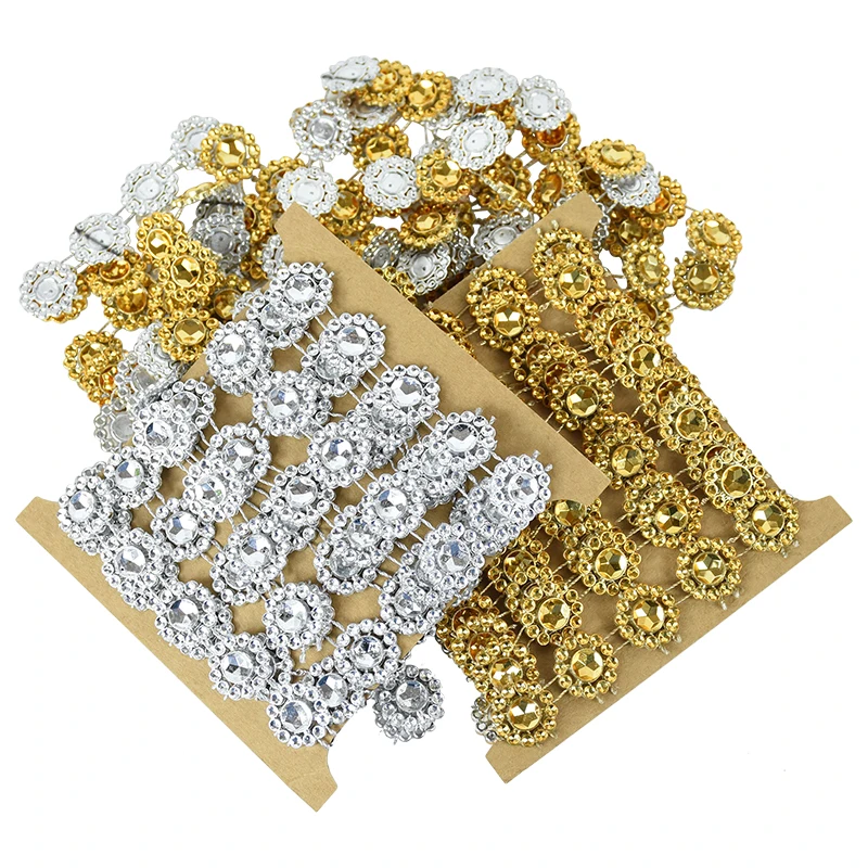 

2yard 15mm Gold Silver Flower Crystal Rhinestone Ribbon Tape Diamond Mesh Roll DIY Sewing Clothing Accessories Wedding Gift Wrap