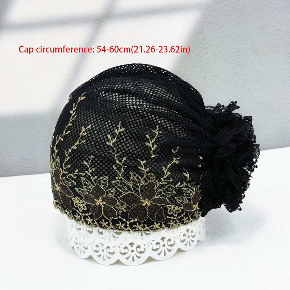 New Flower Embroidery Bonnet Hat Full Cover Elastic Headwear Cover White Hair Breathable Turban Hat Summer