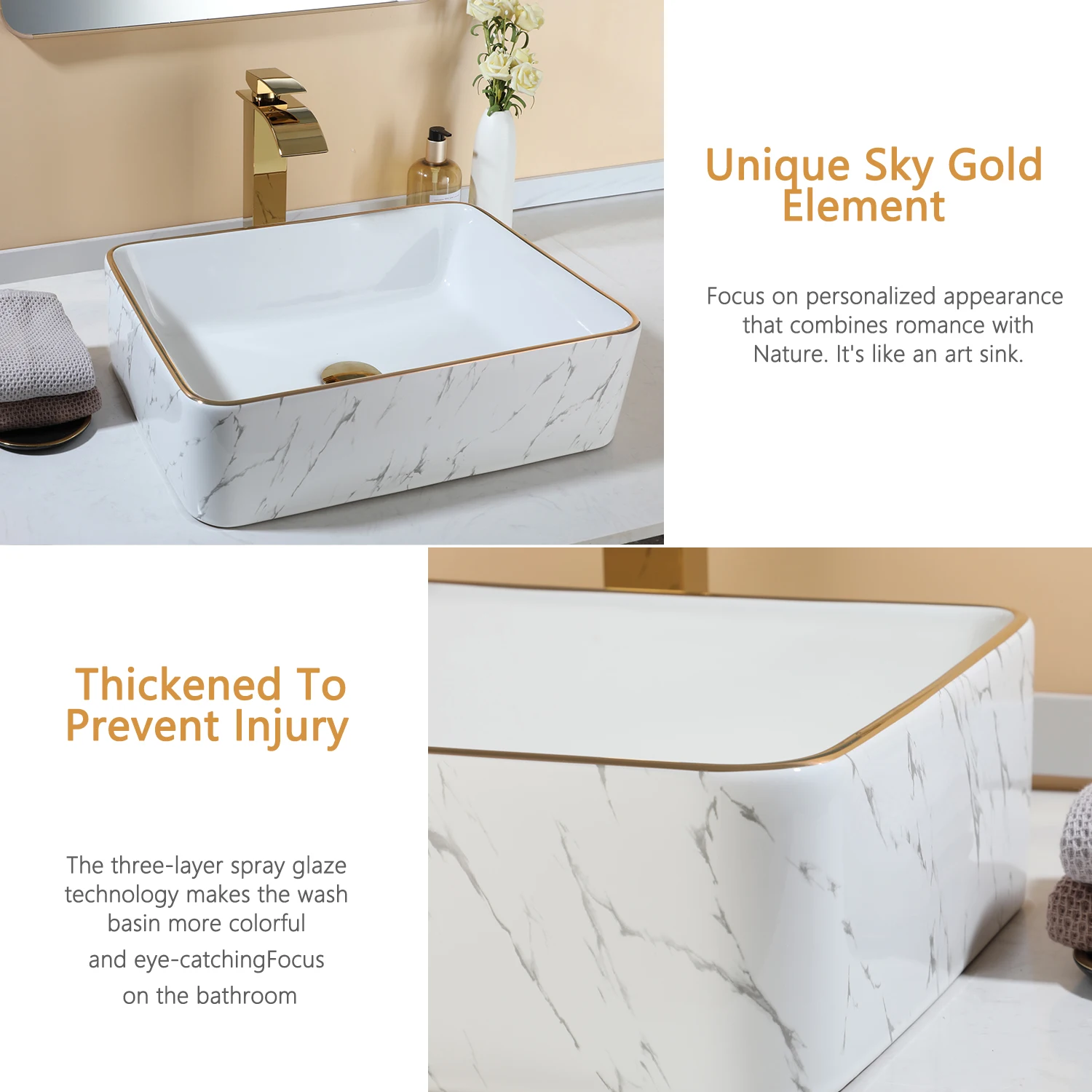 KEMAIDI 19" Ceramic White Vessel Sink with Gold Trim Porcelain Bathroom Marbled Rectangular Above Counter Bathroom Sink Faucet 4