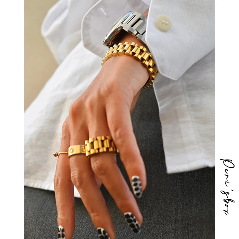 Peri'sbox Solid Gold Color Bold Heavy Thick Bangle for Women Classic Wide Link Chain Strap Stackable Bangle Stainless Steel bangle bracelet,stainless steel bracelet,chain bracelet