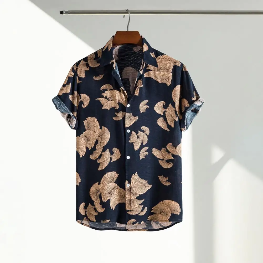 

Men Beach Shirt Summer Single-breasted Loose Short Sleeve Turn-down Collar Casual Beach Cardigan Hawaiian Shirt camisa masculina