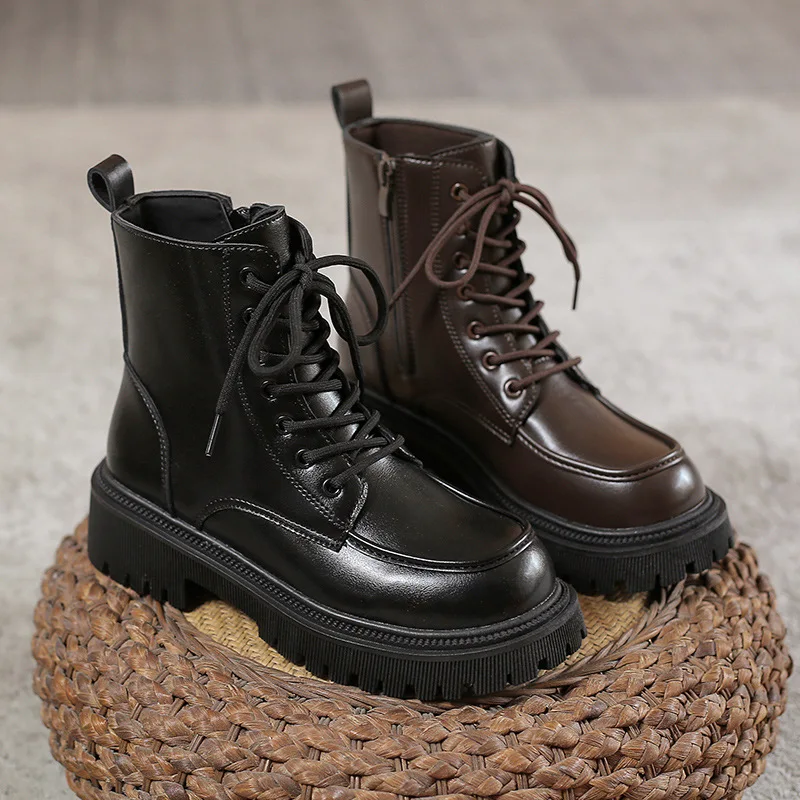 Classics Women Ankle Boots 2023 Platform Shoes for Woman  Fashion Round Toe Thick Sole Retro Lace Up Ankle Boots Botas De Mujer