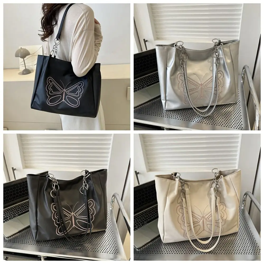 

Embroidery Leather Tote Bag Fashion Thailand Zipper Butterfly Handbag Shopping Bag Ins PU Shoulder Bag Outdoor