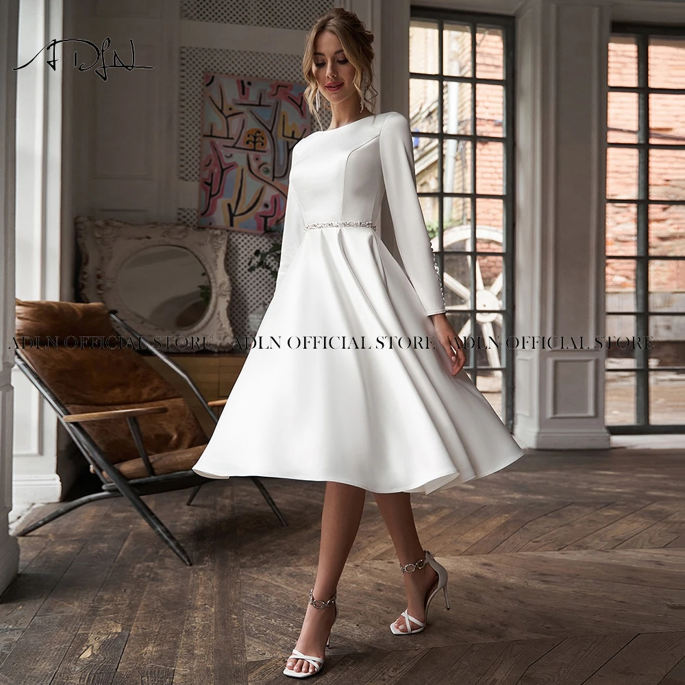 ADLN Jewel Long Sleeves Short Bridal Dresses A-line Bride Dress Sexy Back Tea Length Little White Gown Wedding Reception Wear 6