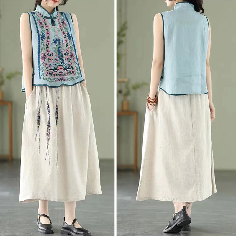 Retro Embroidery Cotton Linen Chinese Traditional Women's Vest Chinese Style Pullover Ladies Summer Exquisite Stand Collar Top Women Chinese Shirt Women Cheongsam Waistcoat