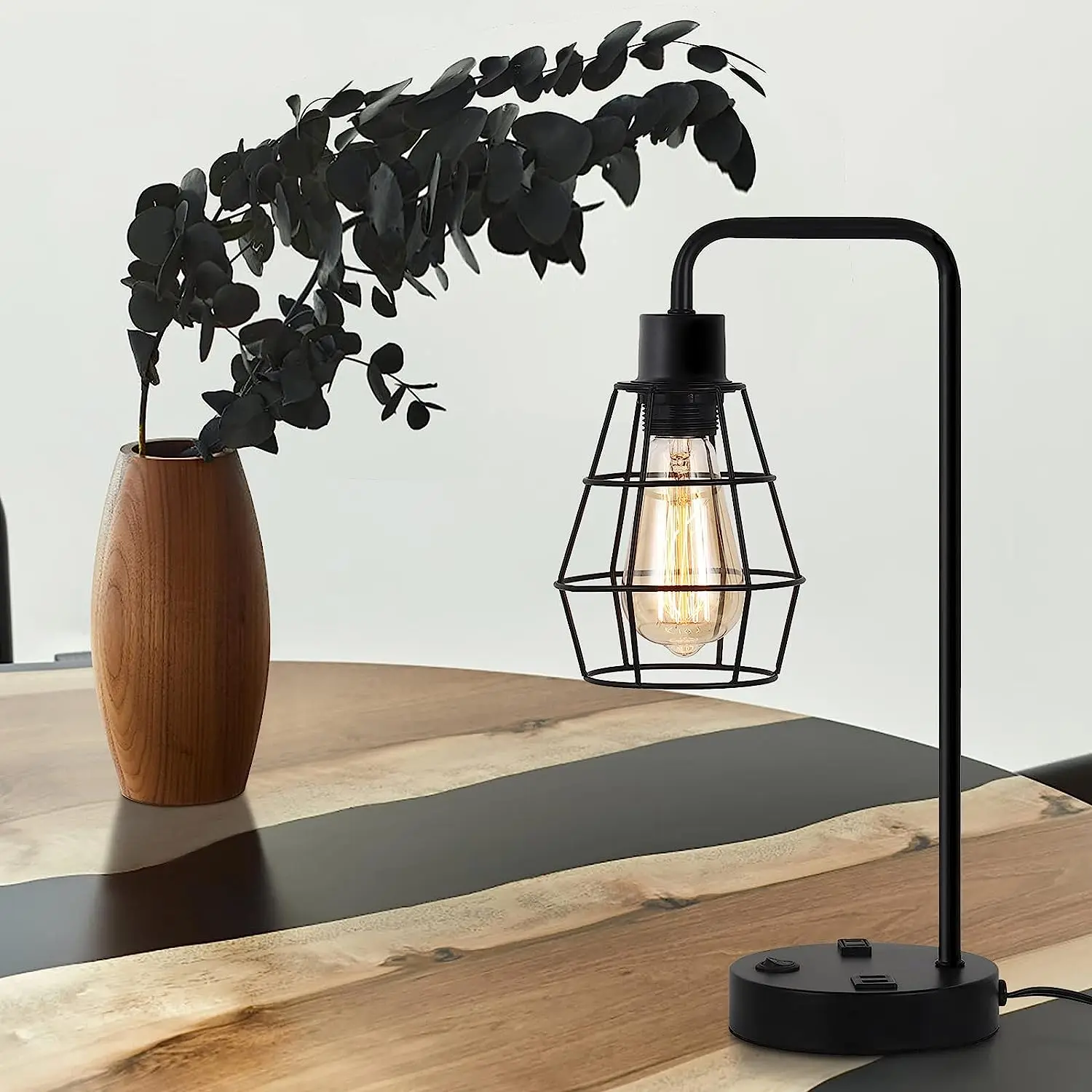 Set of 2 Black Industrial Table Lamp Nightstand Bedside Lamps w/ USB Ports Shade 4