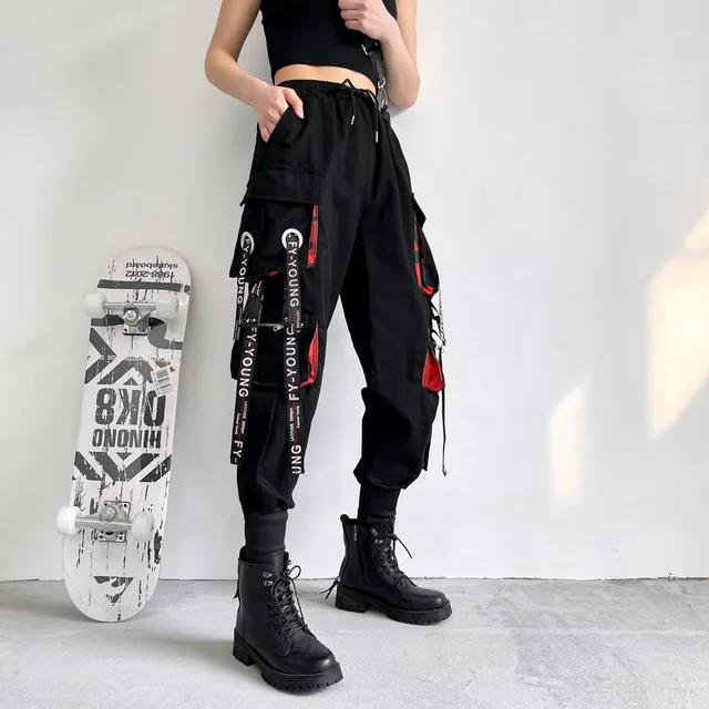 45857-2a3242.jpg Women Cargo Pants 2023 Harem Pants Fashion Punk Pockets Jogger Trousers With Chain Harajuku Elastics High Waist Streetwear
