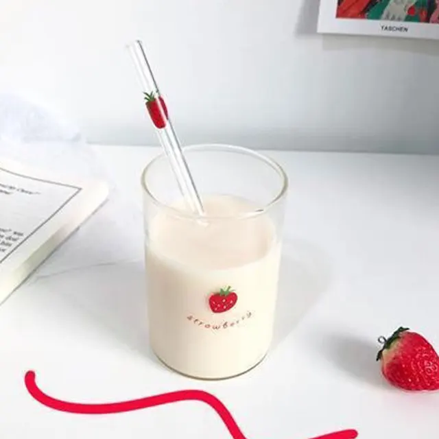 300ml Strawberry Cute Glass Cup With Straw Creative Transparent Water
