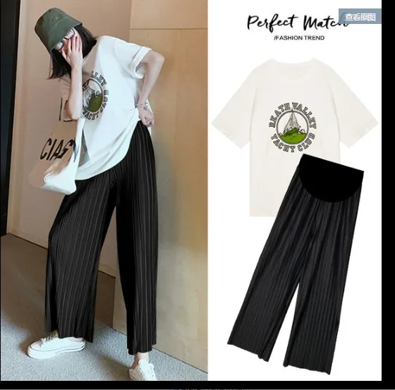 Short Sleeve T-Shirt Wide Leg Trousers Twinset Maternity Summer Loose Casual Pregnant Woman Clothes Set Fashion Printed Suit