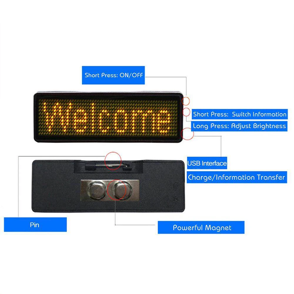 Mini LED Bluetooth Digital Display DIY Name Tag Badge Programmable Multiple  Languages Smart Timing Scrolling Led Sign Module