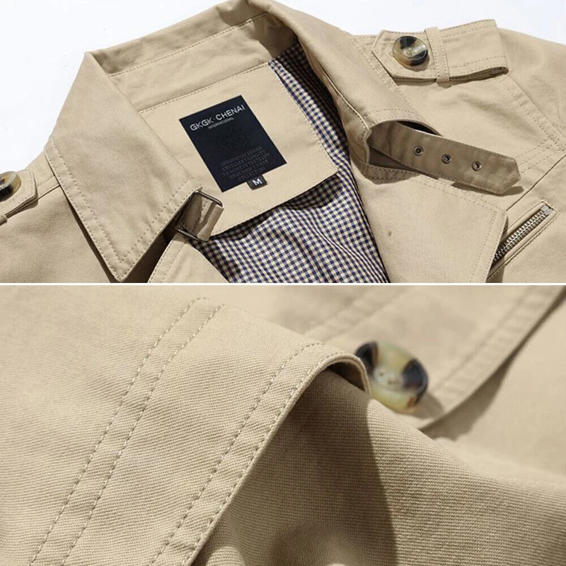 Men's Solid Color Windbreaker Coat Mid-length Fashion Casual Button Jacket Tops Business Office Commuter Trench Coat Outerwear