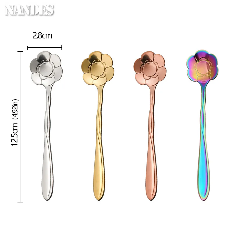 Small Flower Teaspoon Stainless Cherry Rose Flower Coffee Spoon Gifts Kitchen Dessert Accessories Tableware Decoration Set 8Pcs