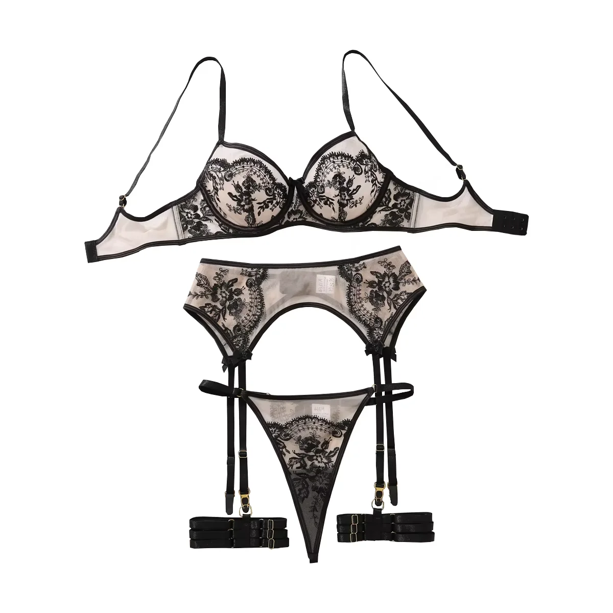 AVELINE nouveau ensemble de Lingerie brodée de fleurs pour femmes 4 pièces ensemble de culotte transparente en maille de couleur Pure
