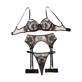 AVELINE nouveau ensemble de Lingerie brodée de fleurs pour femmes 4 pièces ensemble de culotte transparente en maille de couleur Pure