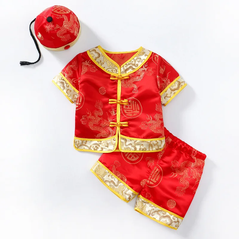 Children Tang Suit Photography Clothes Chinese Traditional New Year Costume Newborn Baby Hanfu Hat Kids Short Sleeved Shorts