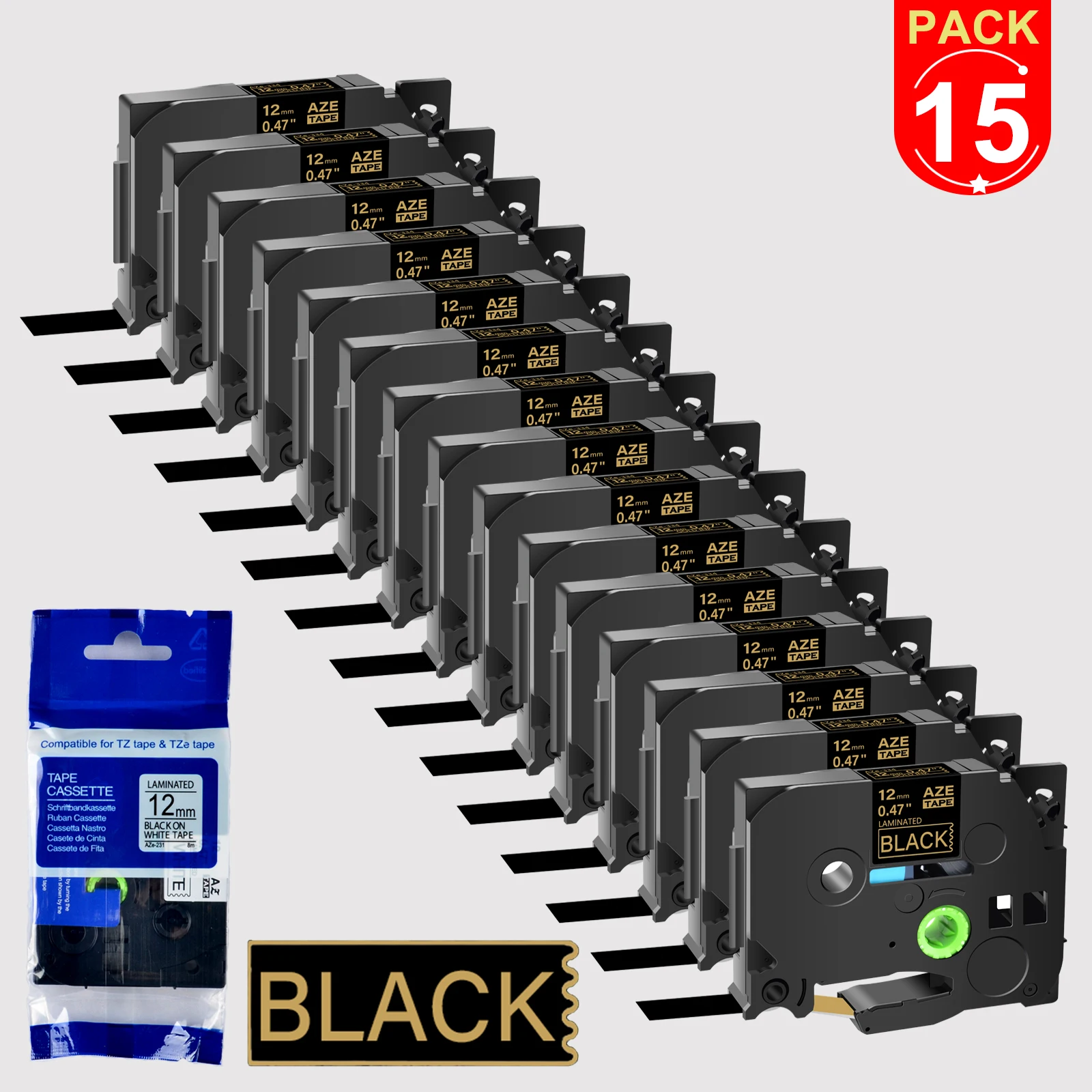 15PK Gold on Black Laminated Labels Tape Compatible for Brother TZe-334 9/12/18/24mm Standard Ribbon for Printer P-Touch PT-1100