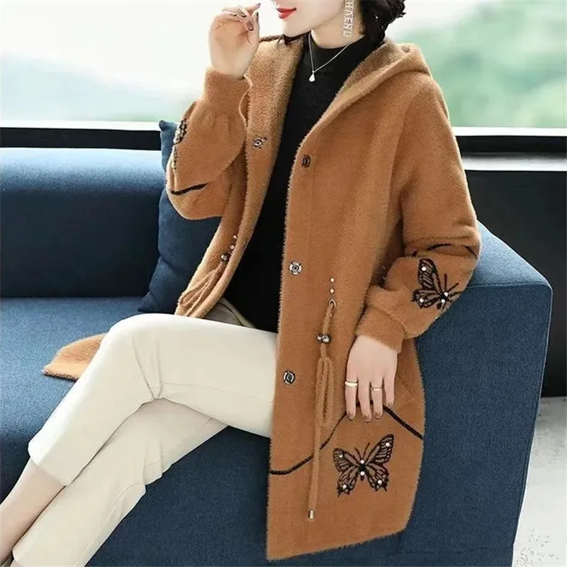 모조 밍크 플리스 여성 코트, 후드 미드 롱 니트 가디건 스웨터, 따뜻한 상의, 중년, 엄마 아우터, 가을, 겨울
