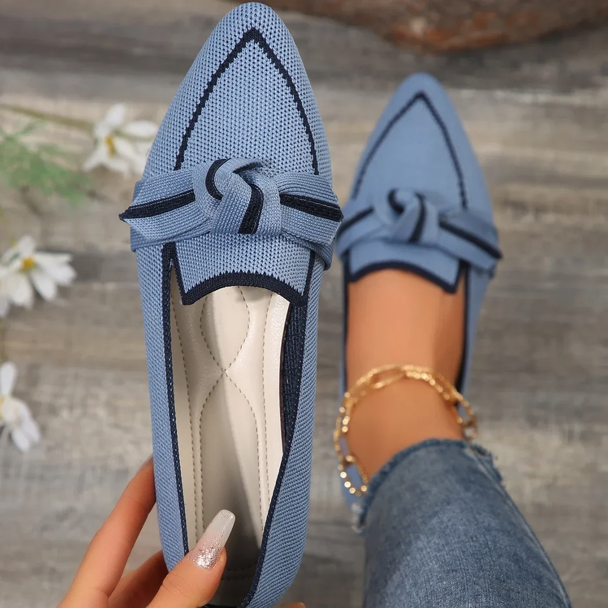 Women Shoes Flats Sneakers Knitted Slip Breathable Comfortable Solid Color Casual Pointed Toe Walking Loafers