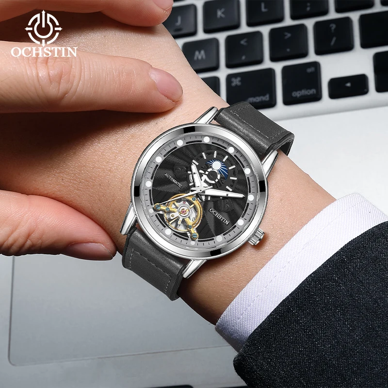 Men Watch Automatic Mechanical Luxurious Tourbillon Open Heart AM PM Dial Luminous Rubber Leather Strap & Magnetic Clasp_voghion.com
