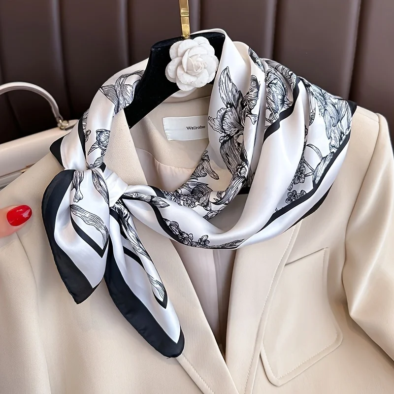 Pañuelo Cuadrado de Seda de Lujo con Estampado Floral de 70*70cm para Mujer, Fular, Cinta para el Pelo, Lazo para Bolso, Hiyab, Pañuelo para el Cuello, Diadema, Satén Suave