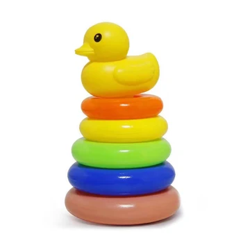 0-3 years old Infant Early Learning Rainbow Stacking Toys Puzzle Development Intelligence Rainbow Tower Set of Rings Yellow Duck 6
