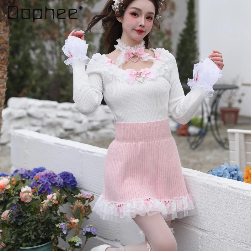 

Fairy Princess Bowknot Love Heart Rose Flower Pullover Sweater Top Sweet Women Lace Edge Flare Sleeve Slim Halter Knitted Tops