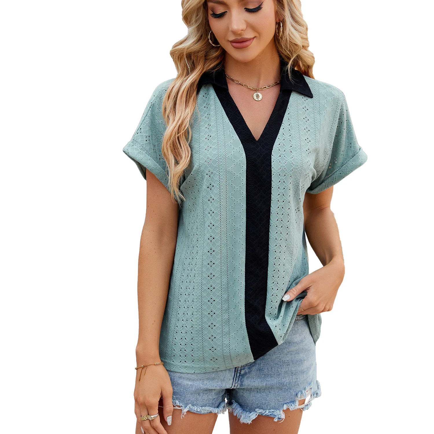 Women's Short Sleeve T Shirt, Solid V Neck Tops, Hollow Out, Summer