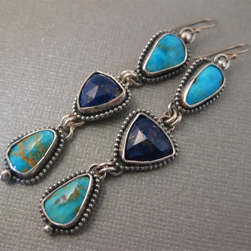 

Vintage Metal Craftsman Inlaid Green Stone Lapis Lazuli Earrings Hand Stitched Extra Long Ladies Hook Drop Earrings