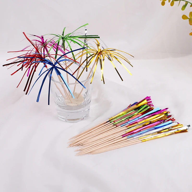 50Pcs Tassel Fireworks Cake Topper Cocktail Picks Dessert Food Fruit Toothpick for Wedding Birthday Party Decoration Christmas