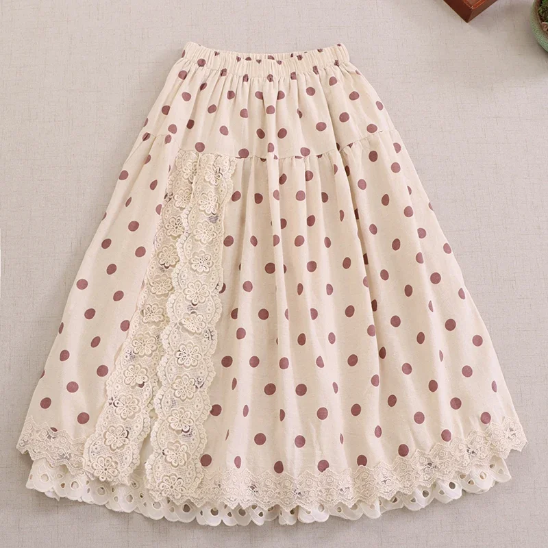 Spring Summer Sweet Mori Girl Lace Spliced Dot Print Cotton Linen Skirt Women Elastic Waist Casual Loose Retro Robe Skirts