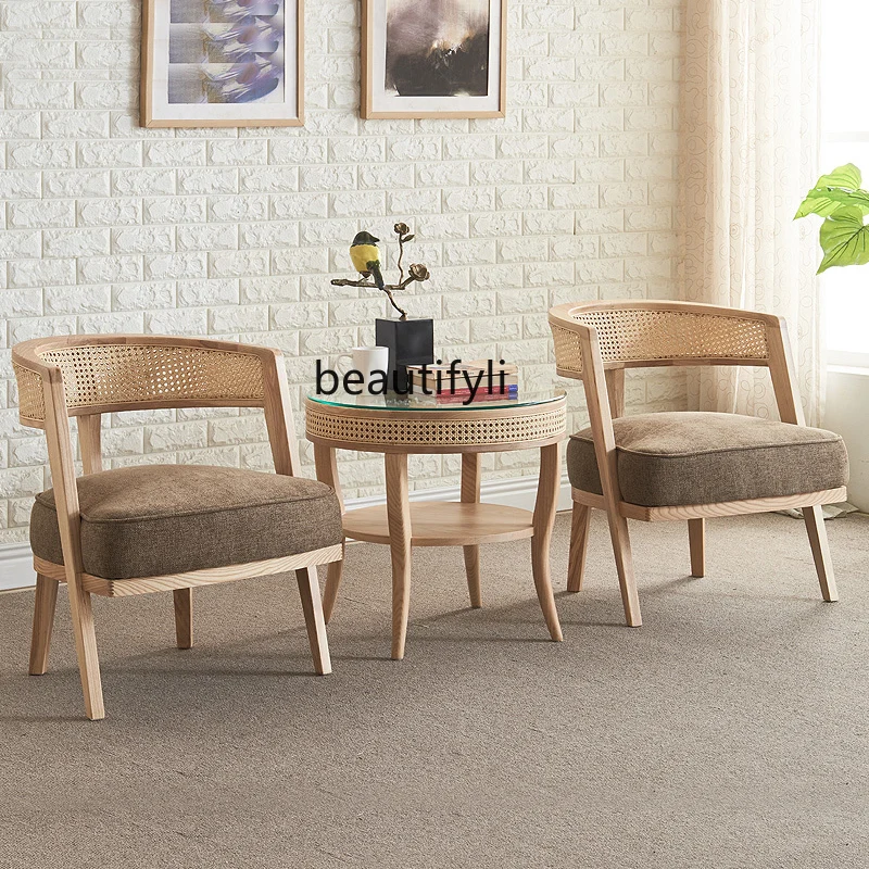 

Balcony Rattan Three-Piece Tables and Chairs Combination Home Living Room Leisure Couch Nordic Solid Wood Single Rattan Chair
