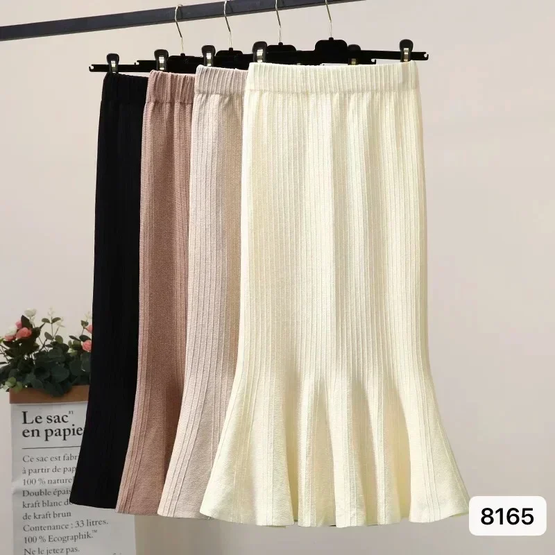 Simple Solid 4 Colors Knitted Skirts For Women Autumn Winter Elastic High Waist Bag Hip Long Skirts Elegant All-match Midi Skirt
