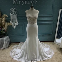 Mryarce Luxury Lace Crepe Wedding Dress Sexy Spaghetti Straps Long Train Bridal Gowns 2