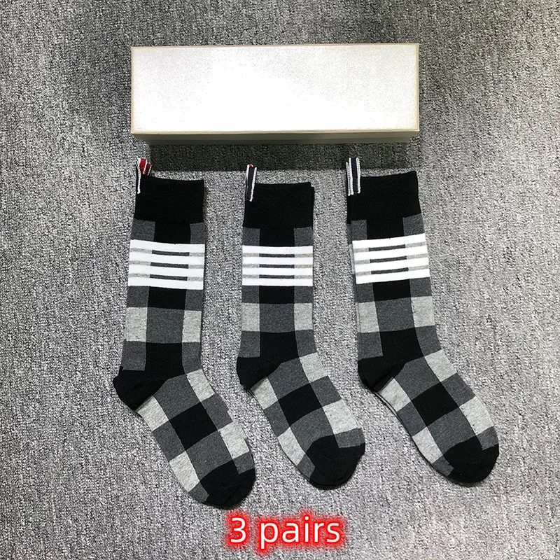

TB THOM Men's Socks 3 Pairs New Arrival Fashion 4-Bar Stripes Grid Socks Women Cotton Breathable Casual Retro Stockings