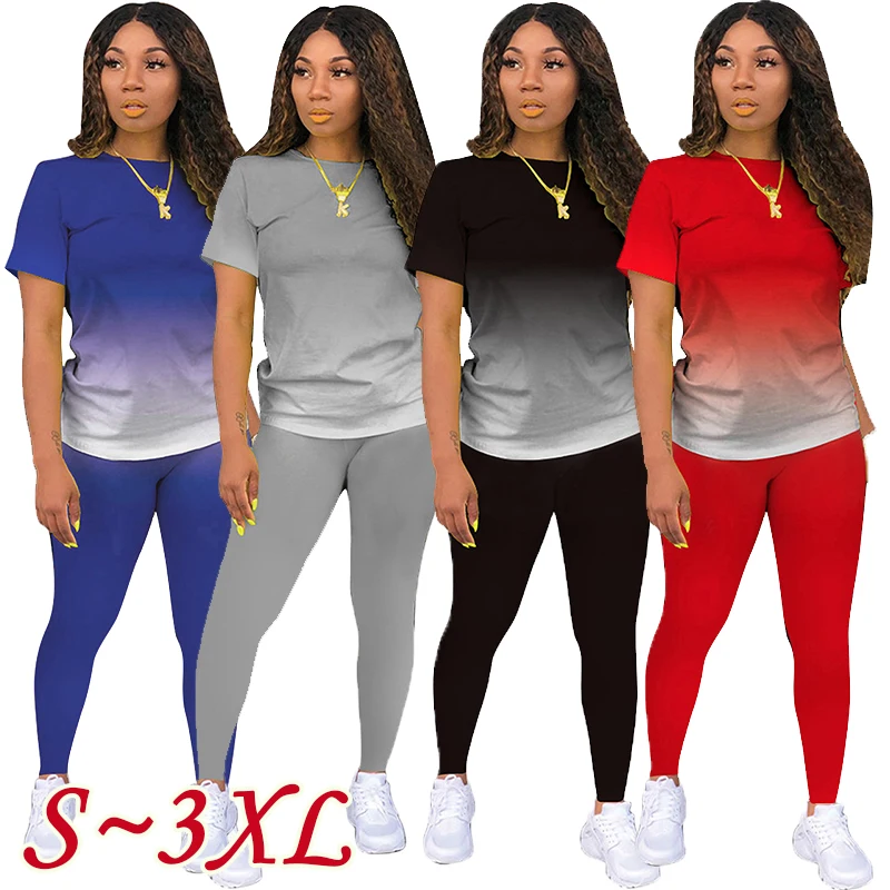 Women's new casual sportswear two-piece set with double gradient short sleeved long pants set sports jogging set 2023 men s fashion sportswear jogging suit men s tricolor hooded sportswear set with a hoodie and two pieces of sports pants