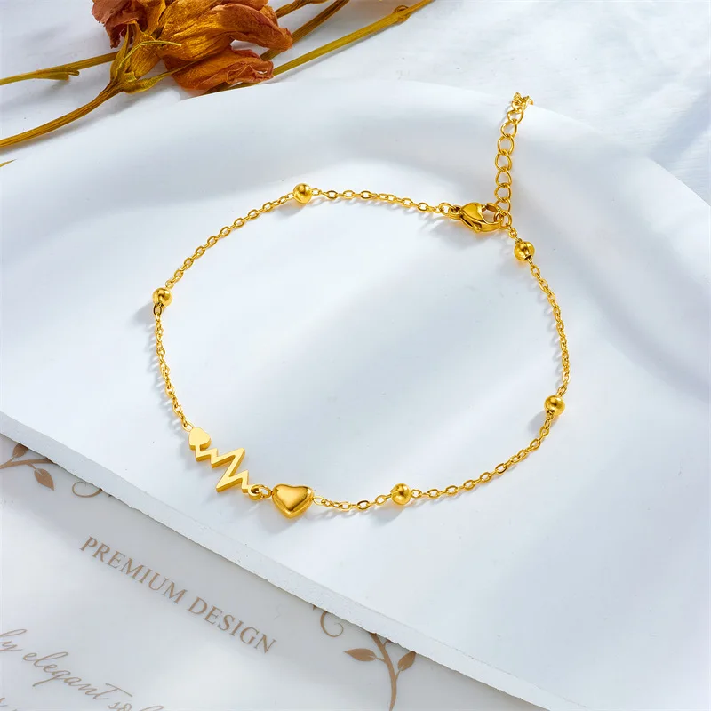 Ankle Chains Fashion Accessories ZAKOL Fashion Stainless Steel Heart Electrocardiogram For Women Gold Color Chain Bracelet Jewelry Gift