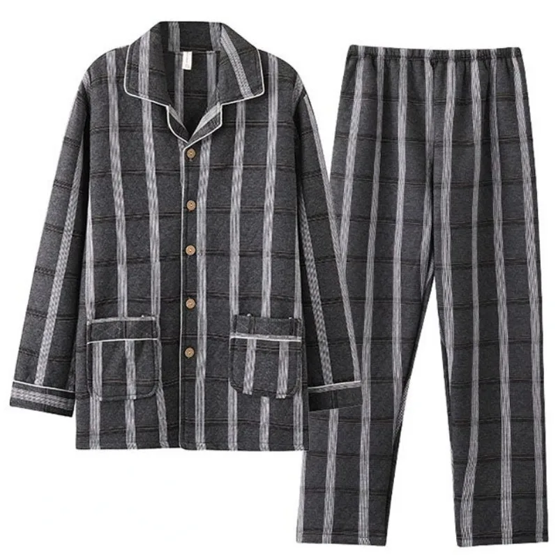 2023 Autumn Winter Men Pajamas Long Sleeves Thickened Laminated Cotton Warm Sleepwear Set Middle-aged Elderly Plus-size Homewear