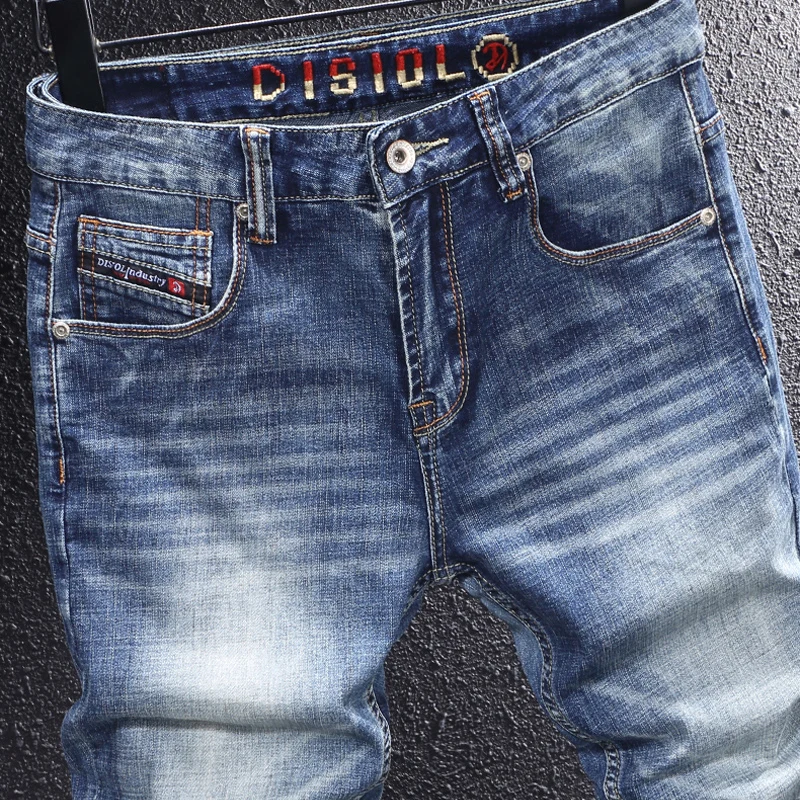 Fashion Designer Men Jeans High Quality Retro Washed Blue Stretch Slim Fit Ripped Jeans Men Embroidery Vintage Denim Pants