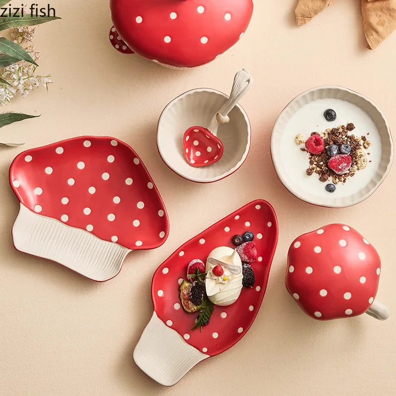 Mushroom Ceramic Tableware Mushroom Rice Bowl Noodles Bowl Soup Pot Flat Plate Sushi Plate Mug Spoon Kitchen Tableware
