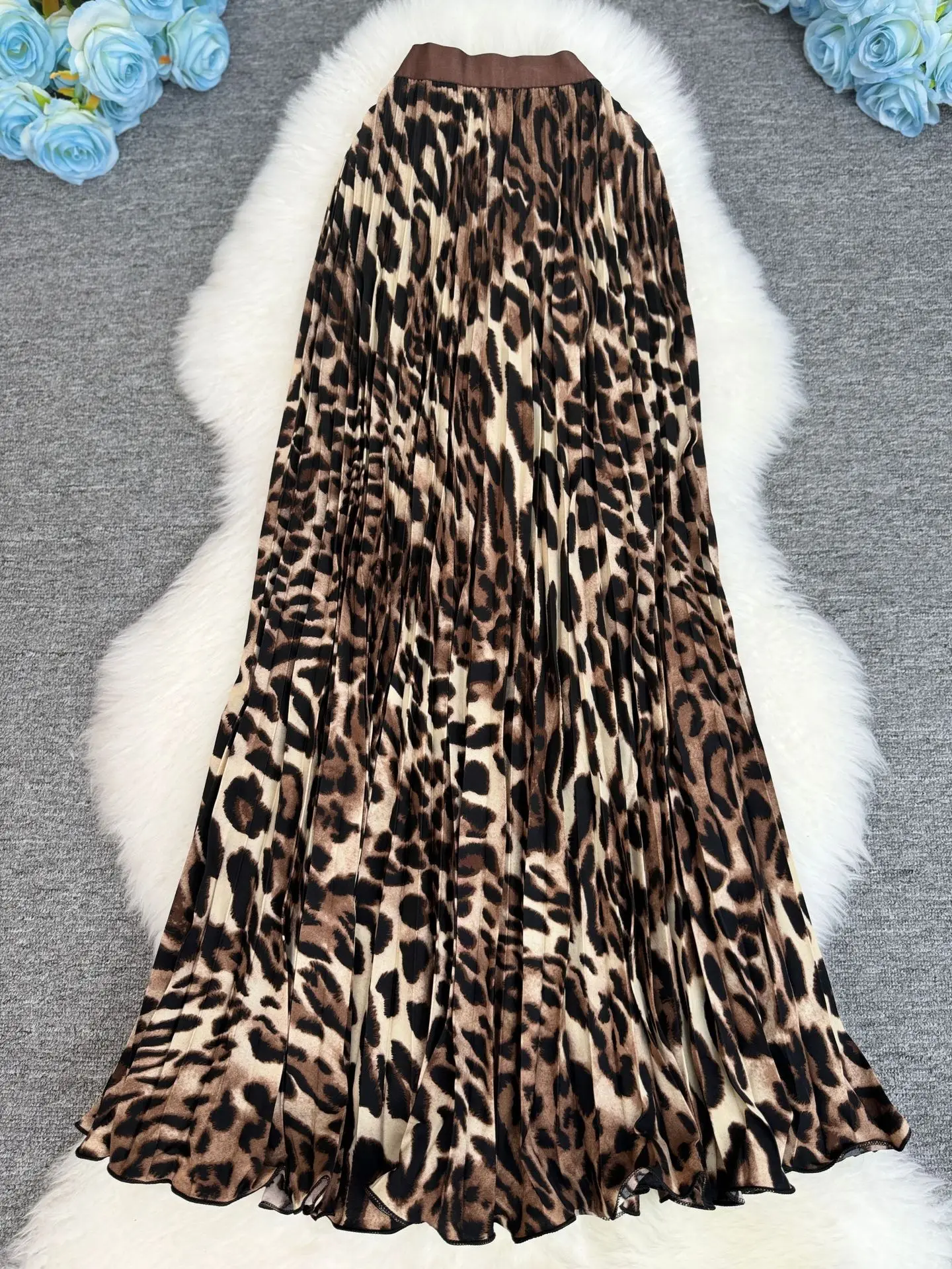 Spring Summer Leopard Print Pleated Long Skirt For Women 2026 Vintage Casual Office Lady Skirts