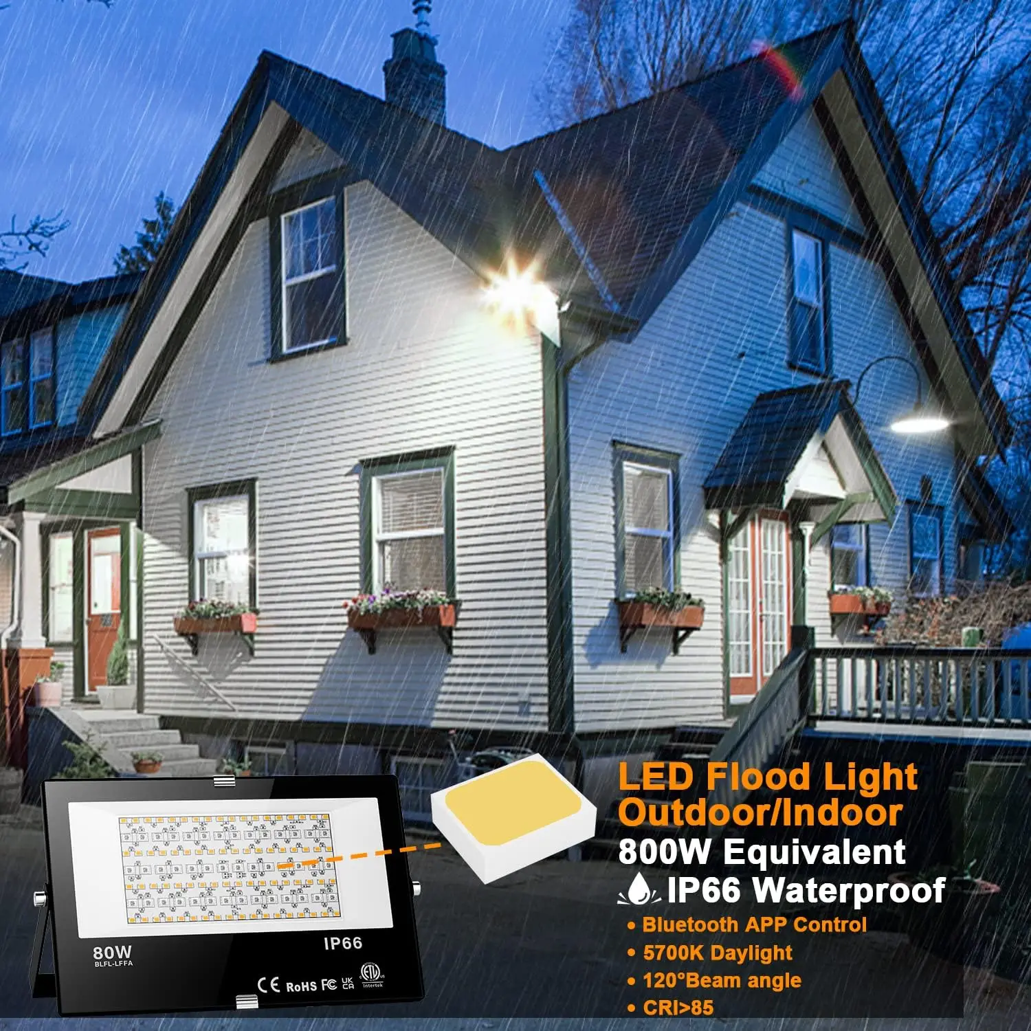 LED Flood Light Outdoor 800W Equivalent 8000LM, Smart RGB Color Changing Landscape Lighting with APP Control, IP66 Waterproof