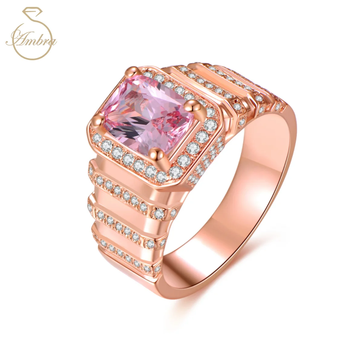 

Ambra Jewelry D Color 3ct Pink Moissanite Diamond 18K Rose Gold Colour Luxury Ring for Men 925 Sterling Silver Layer