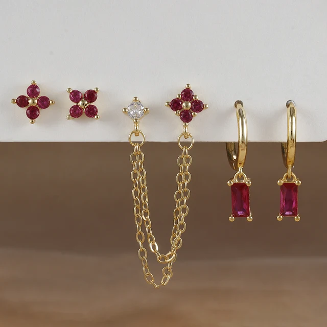 Boucles d'oreilles carrées suspendues en acier inoxydable, 2 pièces, pierre d'anniversaire de décembre, chaîne en zircone cubique, fleur, bijoux de perçage