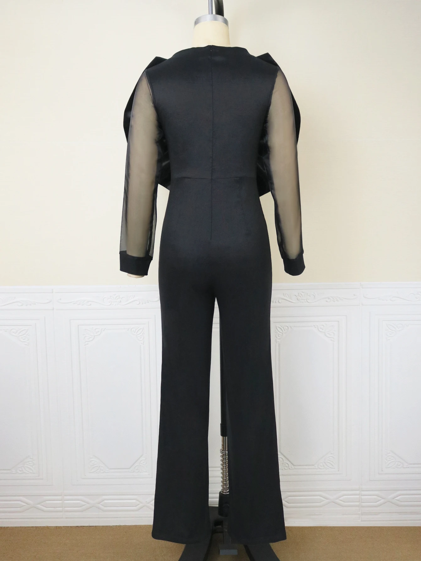 Big Size Black Party Jumpsuit Women Big Bow Evening Rompers Long Mesh Sleeve High Waist One Piece Outfits 2024 Fall  African