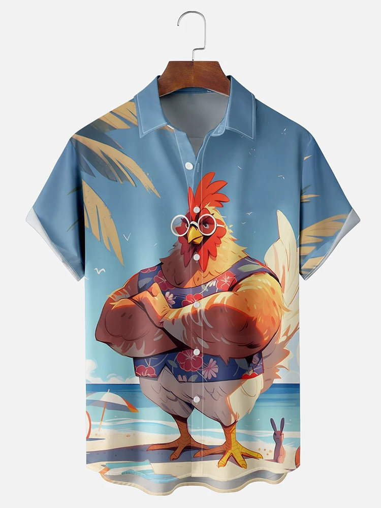 Summer Men's Short Sleeve Shirt Cartoon Chicken Print Men's Hawaiian Short Sleeve Shirt Seaside Fashion Men's Casual Shirt 2