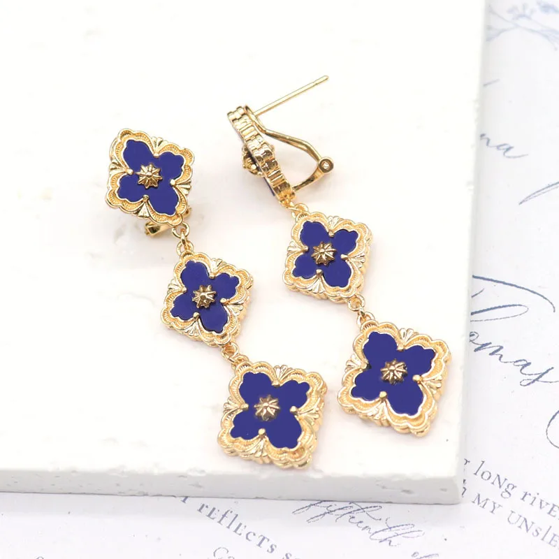 Italian Brand Style Tri Flower Four Leaf Ear Cuff Dangle Turquoise Agate Tiger Eye Ear Drop Cuff Earring Original Quality Jewel