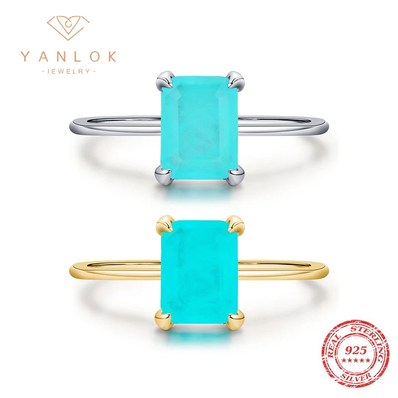 Silver Ring Gemstone Ring YANLOK Luxury Paraiba Tourmaline Ring 925 Sterling Silver Radiant Cut Finger Rings For Women Sterling Silver Fine Jewelry
