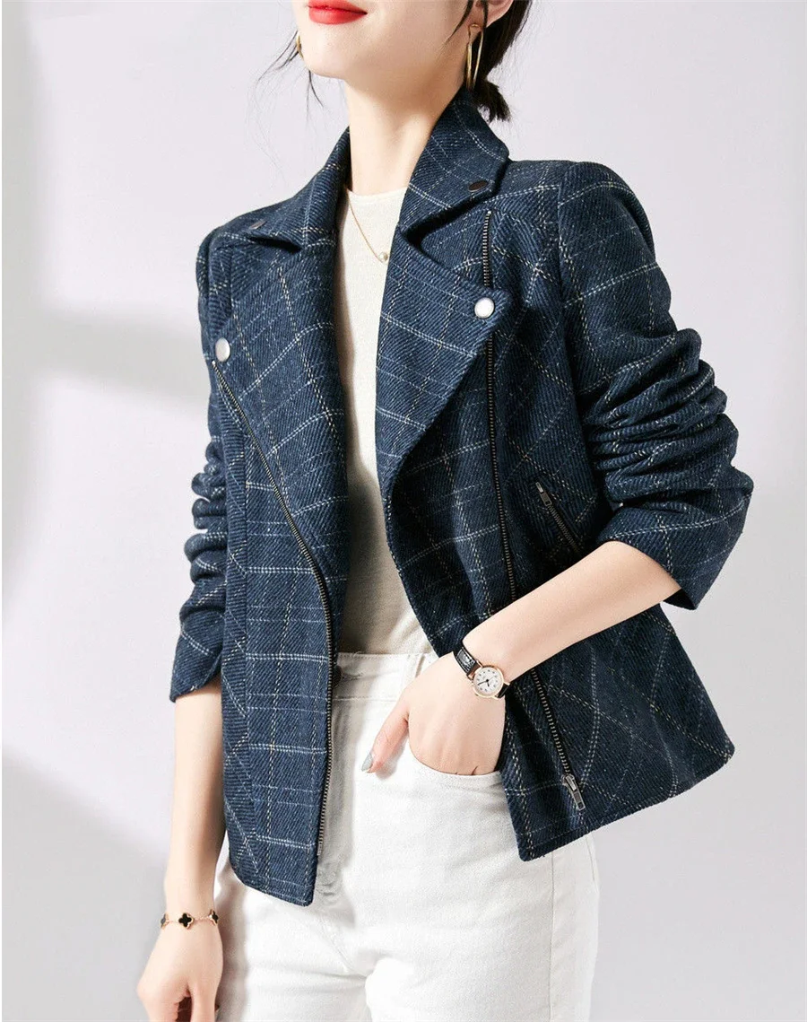 

Fall Winter Plaid Wool Blend Slim Jackets Women Thick Korean Tweed Coats Casual Lapel Woolen Chaquetas Long Sleeve New LJ1